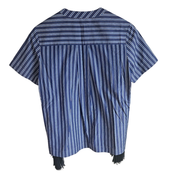 Sacai Blue Striped Cotton Pleated Detail Short Sleeve Blouse - Picture 2 of 12